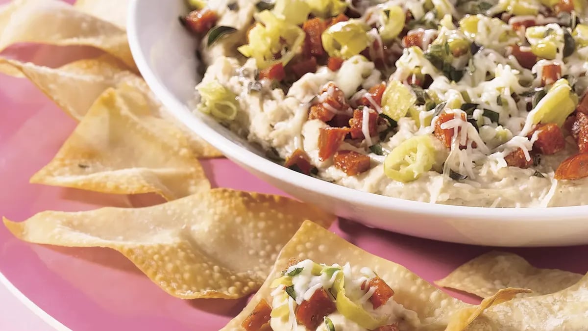 Layered Italian Dip with Crisp Wontons