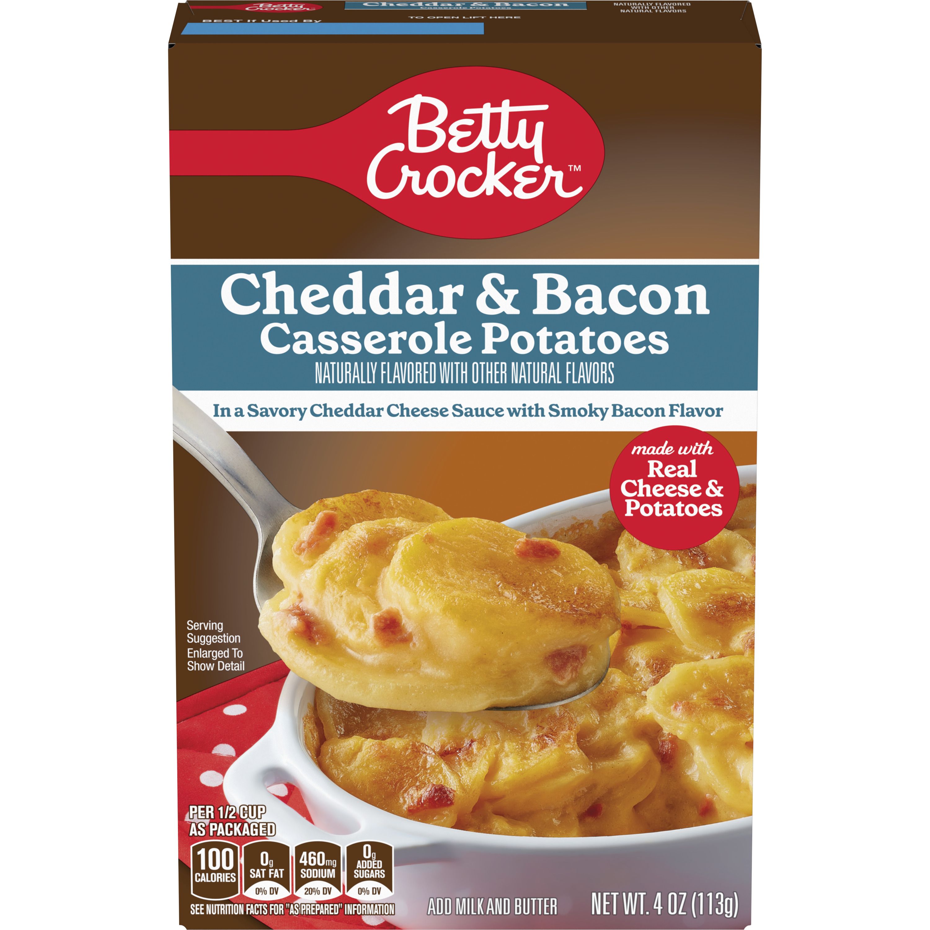 Betty Crocker Cheddar and Bacon Casserole Potatoes, Made with Real Cheese, 4 oz Box - Front
