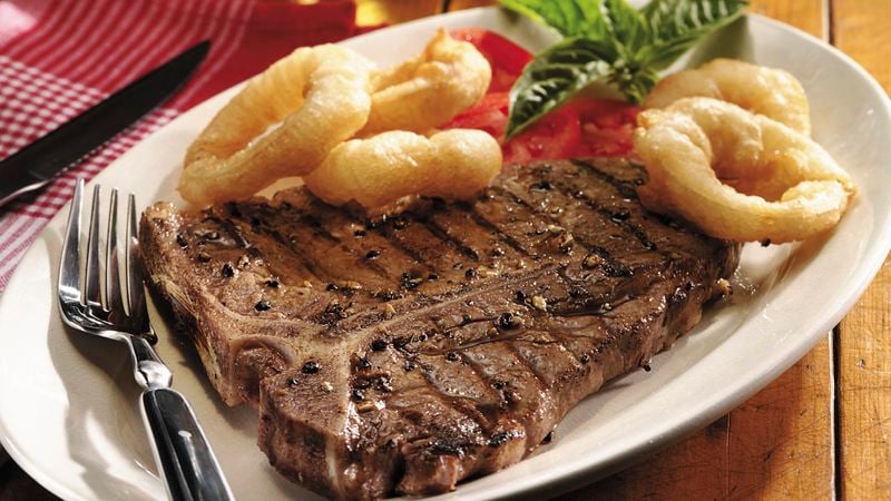 Grilled T-Bone Steaks with Onion Rings