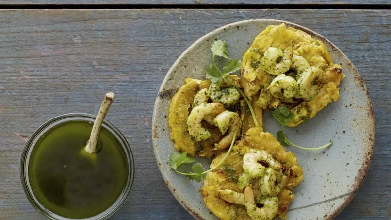 Shrimp Tostones in Green Mojo