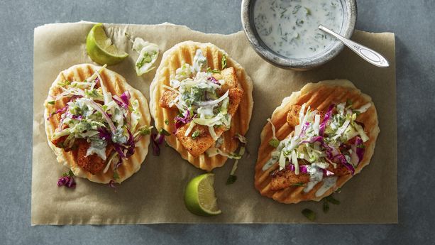 Open-Faced Fish Biscuit Tostada with Spicy Lemon Coconut Sauce