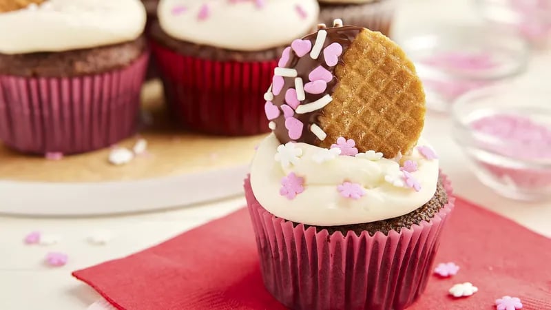 Chocolate-Covered Valentine’s Day Stroopwafel Cupcakes
