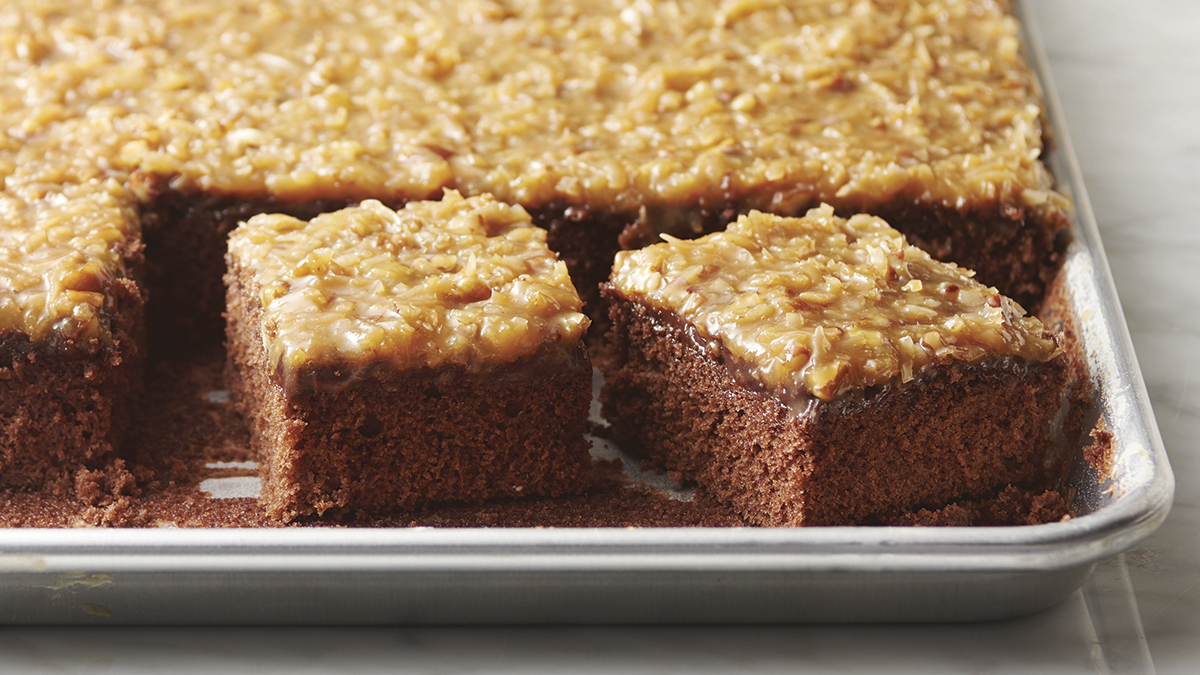 German Chocolate Snack Cake With Coconut-Pecan Frosting