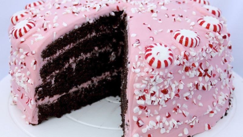 Chocolate Fudge Cake with Pink Peppermint Cream Cheese Frosting