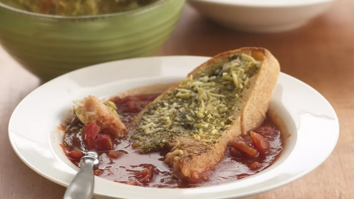 Italian Tomato Soup with Pesto-Cheese Toasts