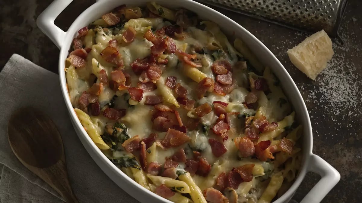 Baked Penne with Mushrooms, Bacon and Spinach