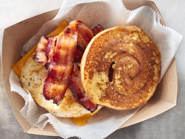 Bacon, Egg and Cheese Cinnamon Roll French Toast Sandwiches