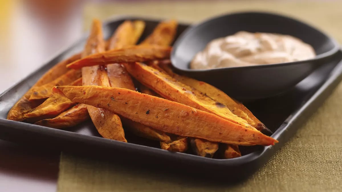 Sweet Potato Oven Fries with Spicy Sour Cream