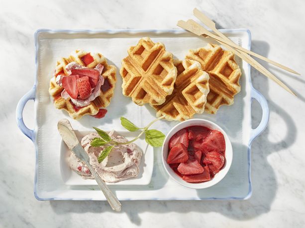 Cornbread Waffles with Roasted Strawberry Cream Cheese