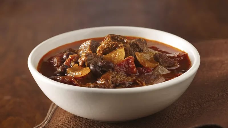 Slow-Cooker Three Chile Chunky Beef Chili Recipe - BettyCrocker.com