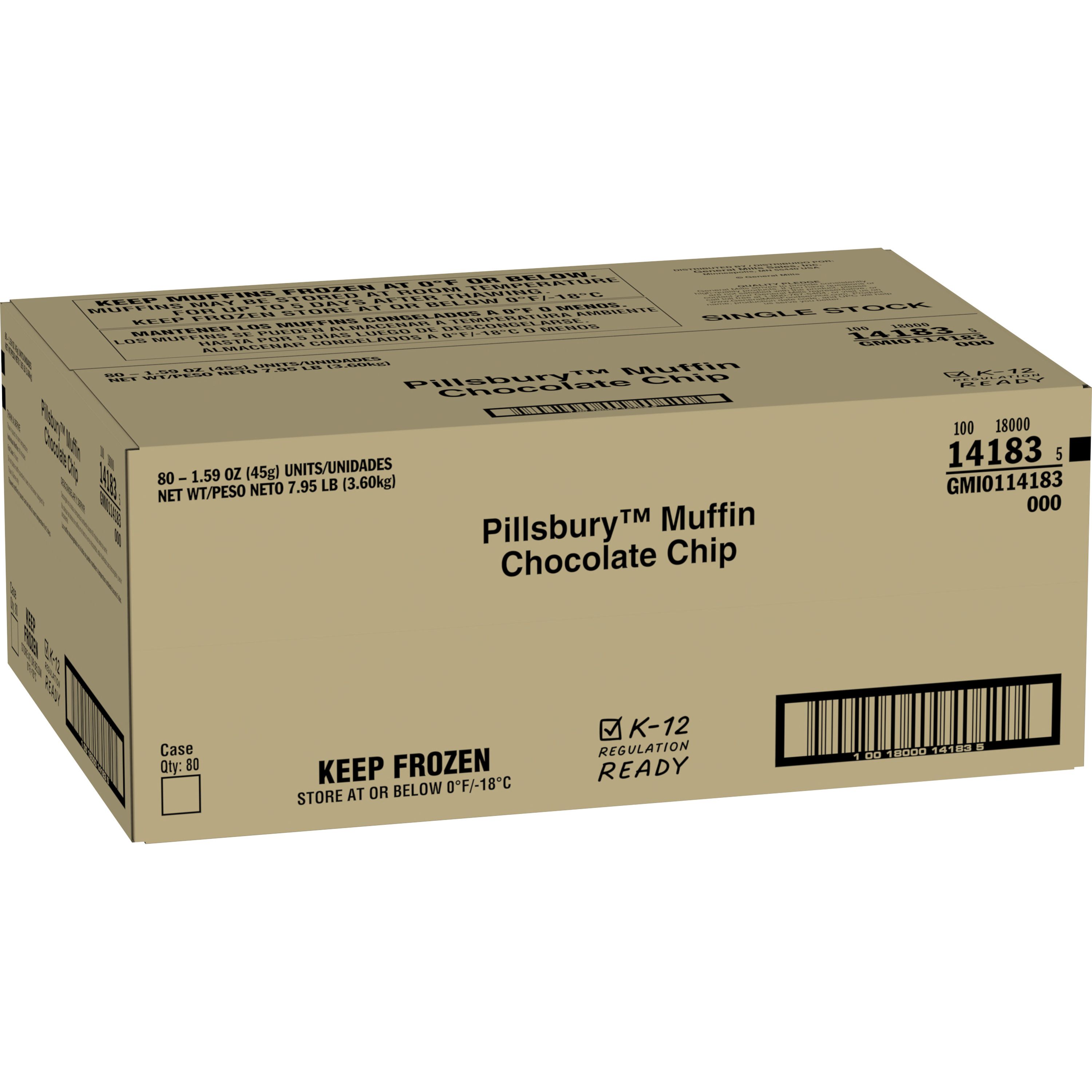 Case - Left Front 3D Pillsbury Frozen Meals Baked Muffin Single Serve Pouch Chocolate Chip 80/1.59 OZ