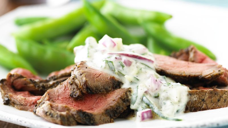 Skinny Beef with Mint Cucumber Sauce
