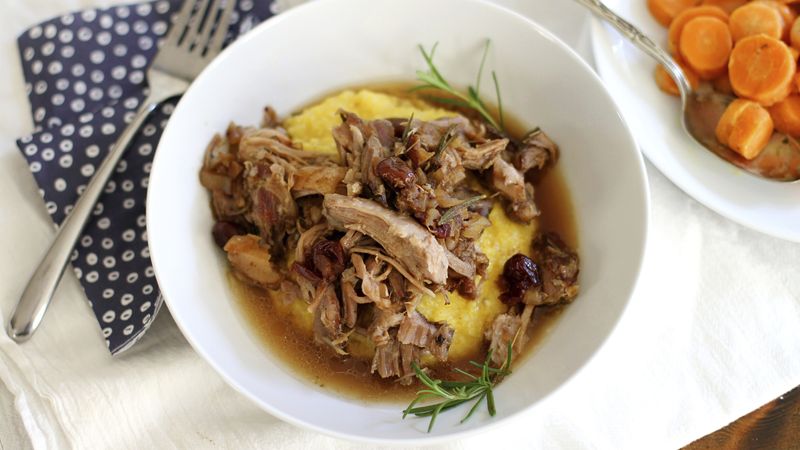 Slow-Cooker Balsamic Cranberry Pulled Pork with Cheesy Polenta