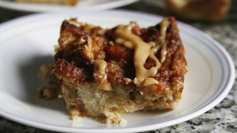 Banana Bread Pudding with Peanut Butter Drizzle