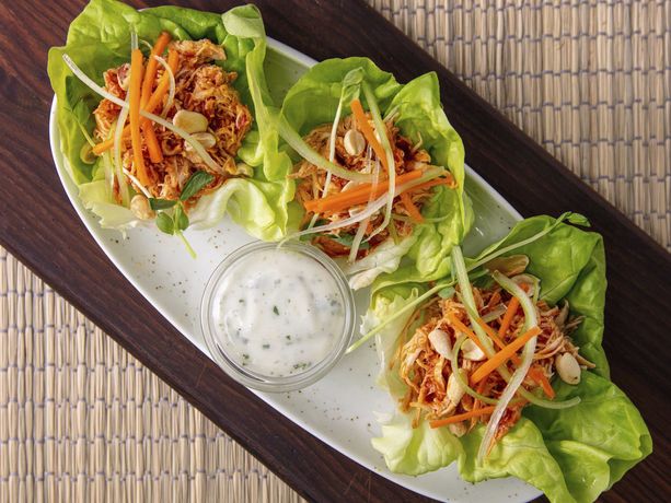 Dairy Free Buffalo Coconut Pulled Chicken Lettuce Wraps