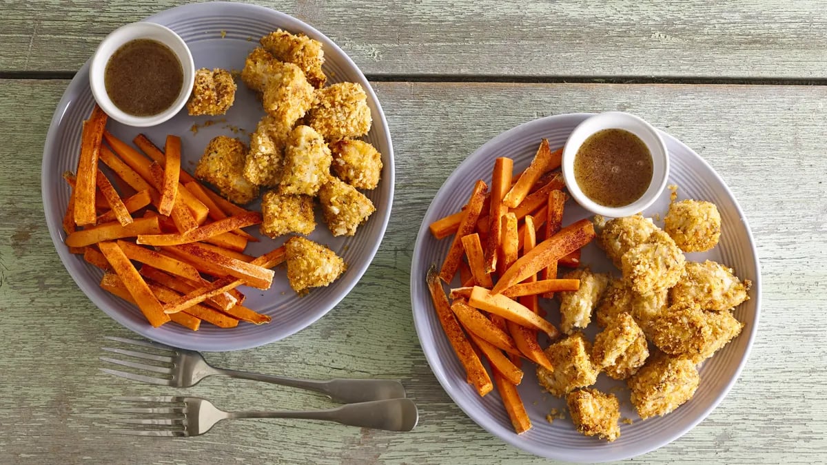 Skinny Popcorn Chicken with Sweet Potato Fries