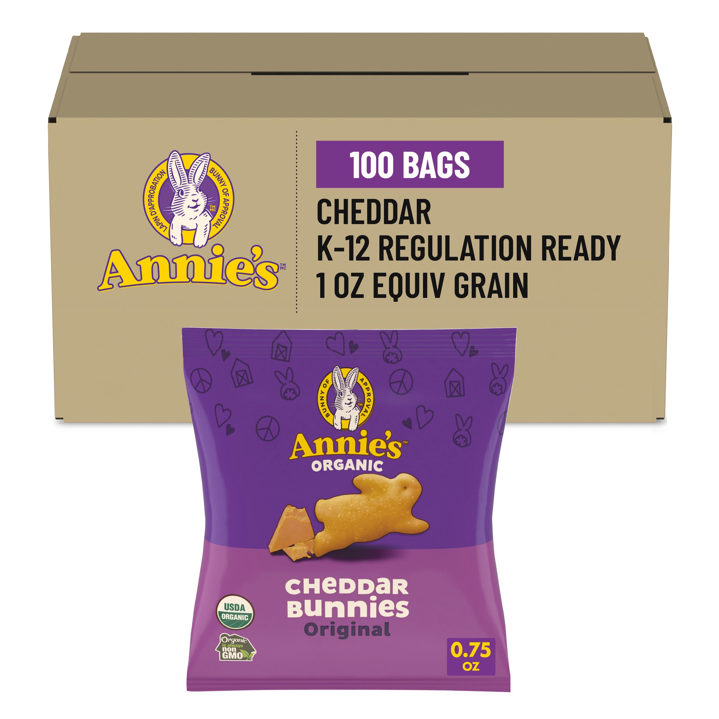  Case Optimized Hero Annies Cheddar Bunnies Organic Snack Crackers Single Serve Pouch Cheddar Cheese 100/0.75 OZ