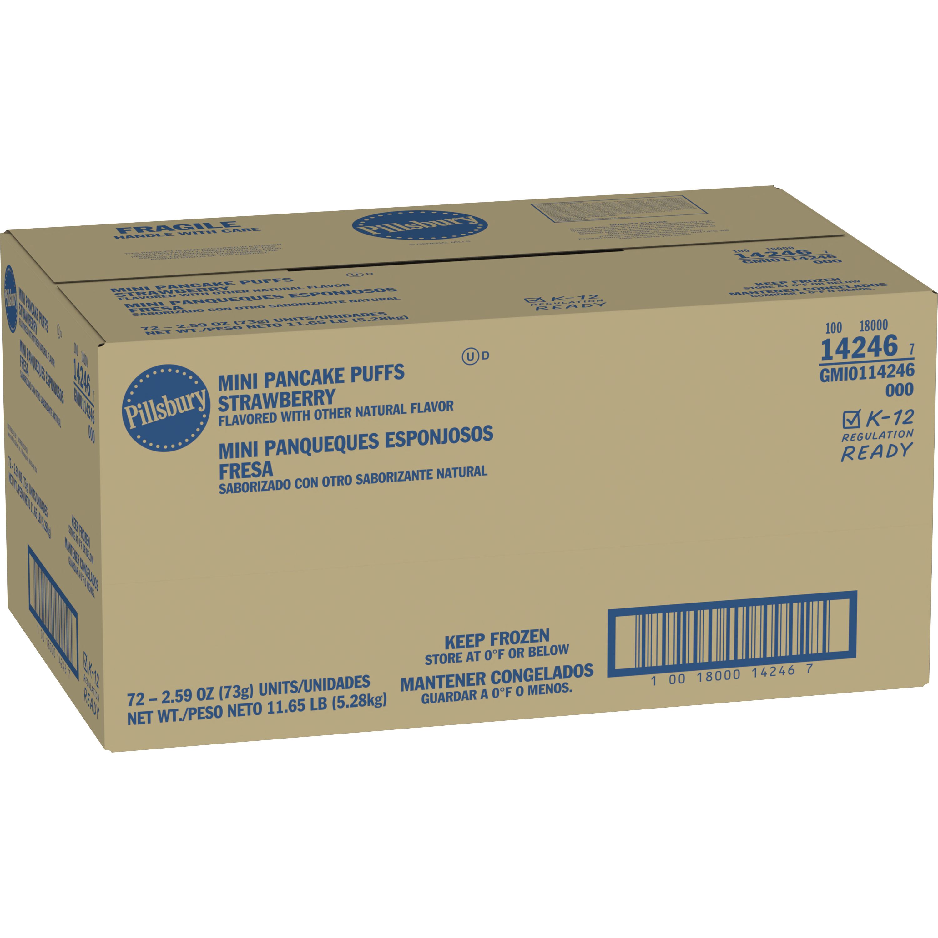 Case - Left Front 3D Pillsbury Frozen Meals Pancake Puffs Single Serve Pouch Strawberry 72/2.59 OZ