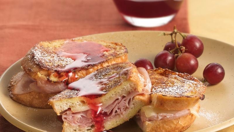 Monte Cristo Stuffed French Toast with Strawberry Syrup