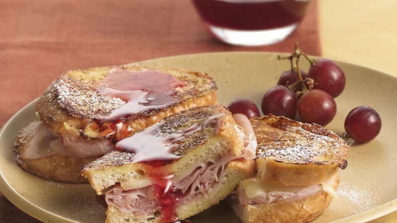 Monte Cristo Stuffed French Toast with Strawberry Syrup