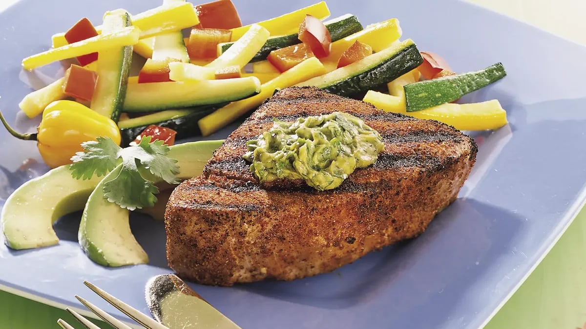 Grilled Tuna with Cilantro-Avocado Butter