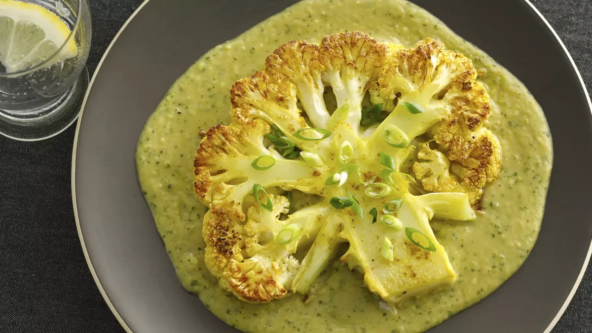 Gluten-Free Roasted Cauliflower Steaks with Curried Bean Puree