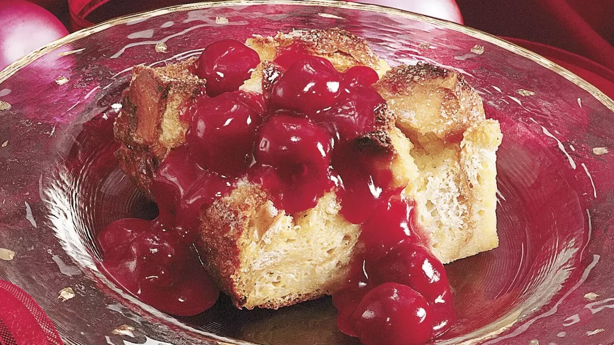 Overnight Eggnog Bread Pudding with Cherry-Bourbon Sauce