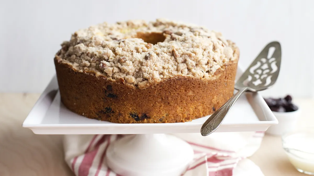 Brown Butter-Bourbon-Cherry Coffee Cake with Pecan Streusel