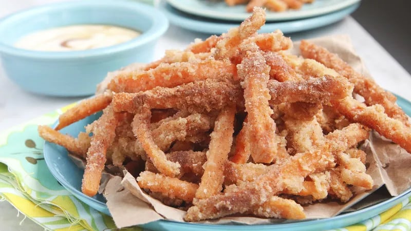 Sassy Sugar Cinnamon Sweet Potato Fries with Creamy Coconut Maple Dipping Sauce