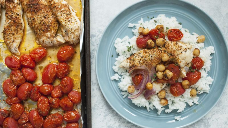 Sheet-Pan Chicken with Roasted Cherry Tomatoes and Chickpeas