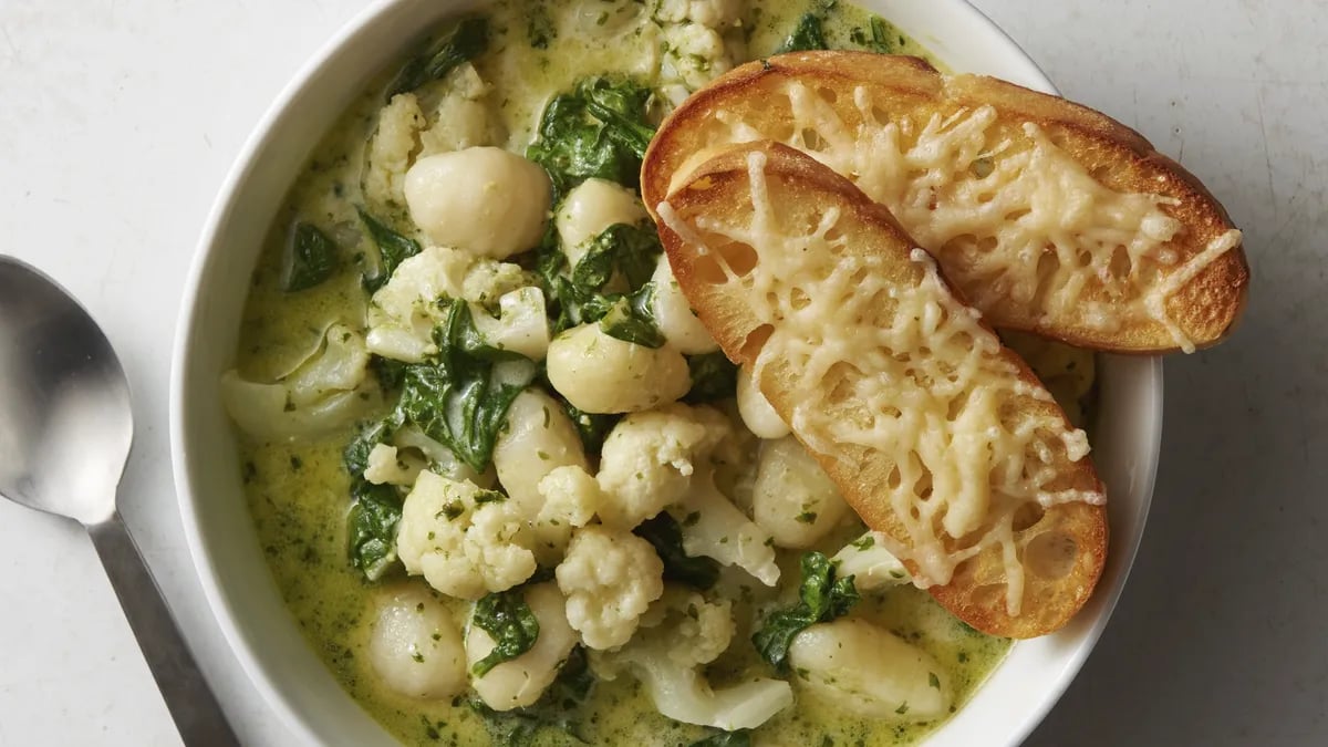 Cauliflower Pesto Gnocchi Soup with Parmesan Croutons