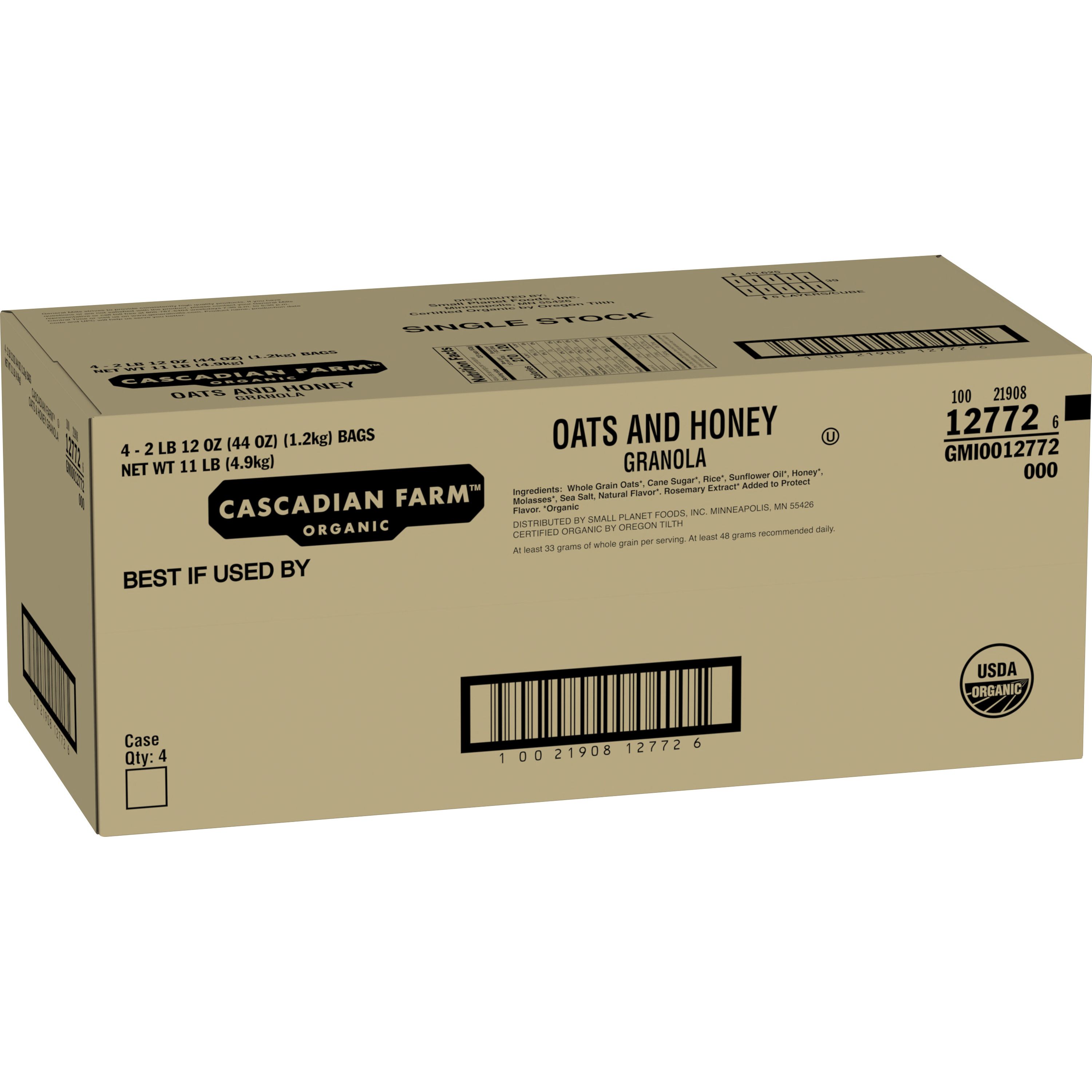 Case - Left Front 3D Cascadian Farm Organic Cereal Bulk Bag Oats & Honey 4/44 OZ