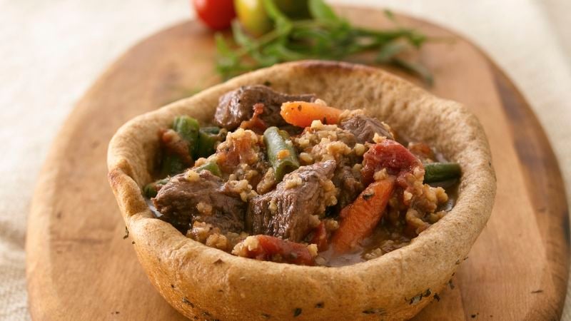 Beef and Millet Stew in Bread Bowls