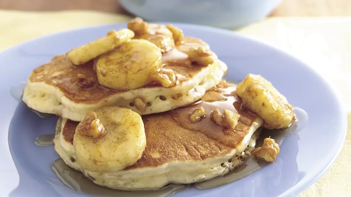 Oatmeal-Brown Sugar Pancakes with Banana-Walnut Syrup