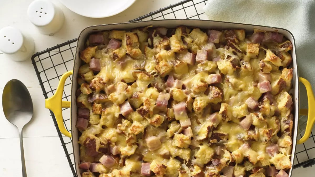 Cheesy Ham and Pretzel Roll Casserole