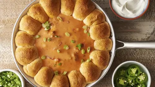 Skillet Queso Dip with Taco Biscuit Bombs 