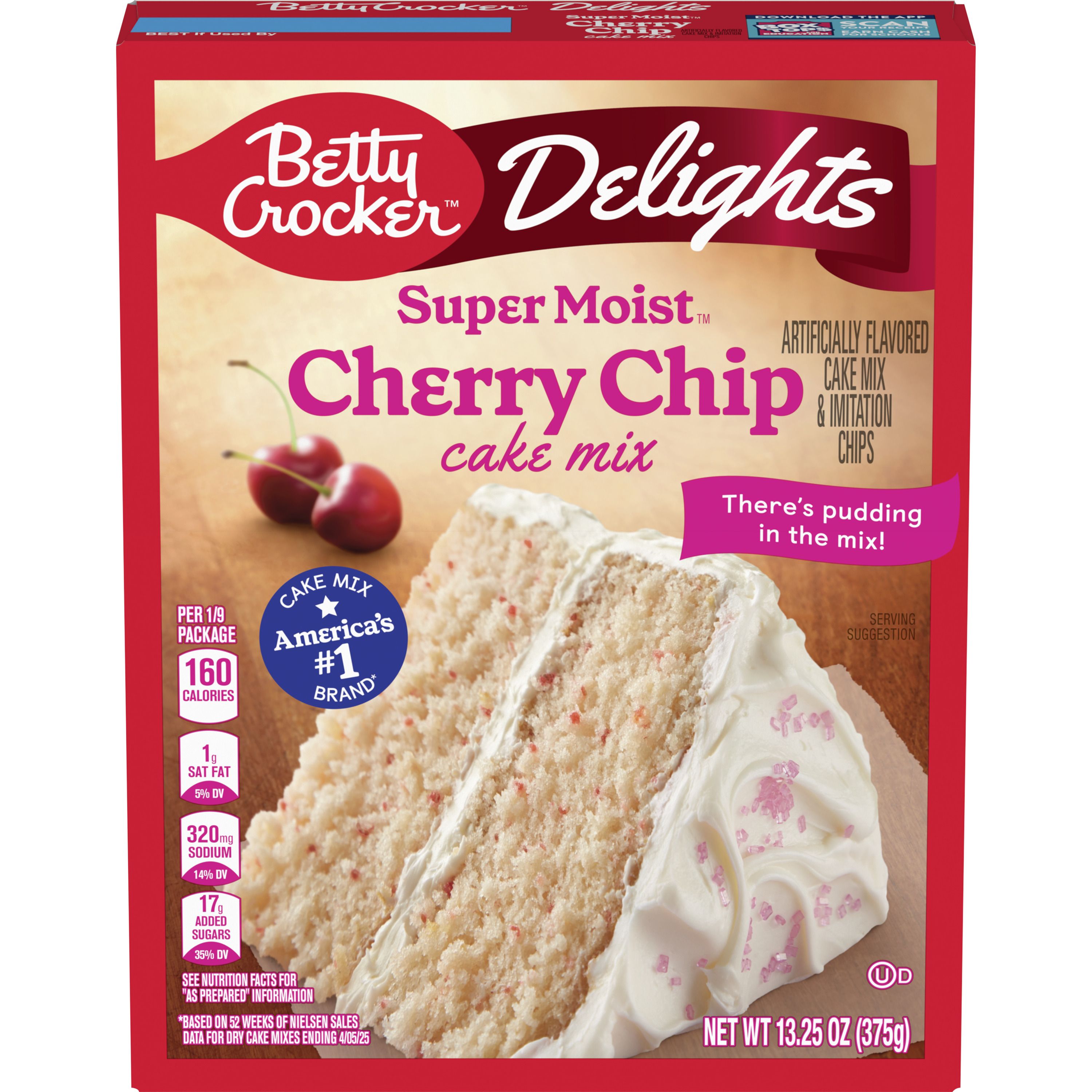 Betty Crocker Delights Super Moist Cherry Chip Cake Mix, 13.25 oz - Front