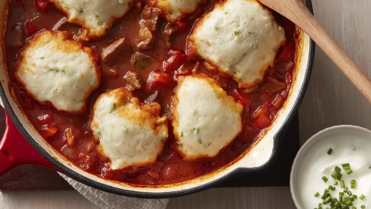 Hungarian Beef Goulash with Sour Cream and Chive Dumplings (Cooking for 2)