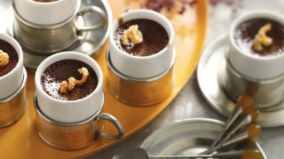 Chocolate Yogurt Pots de Creme with Candied Orange Peel