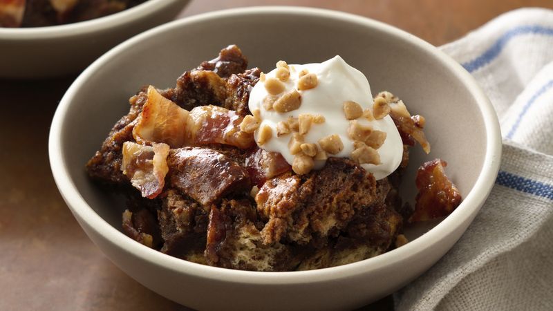 Chocolate Hazelnut-Toffee Bread Pudding with Candied Bacon
