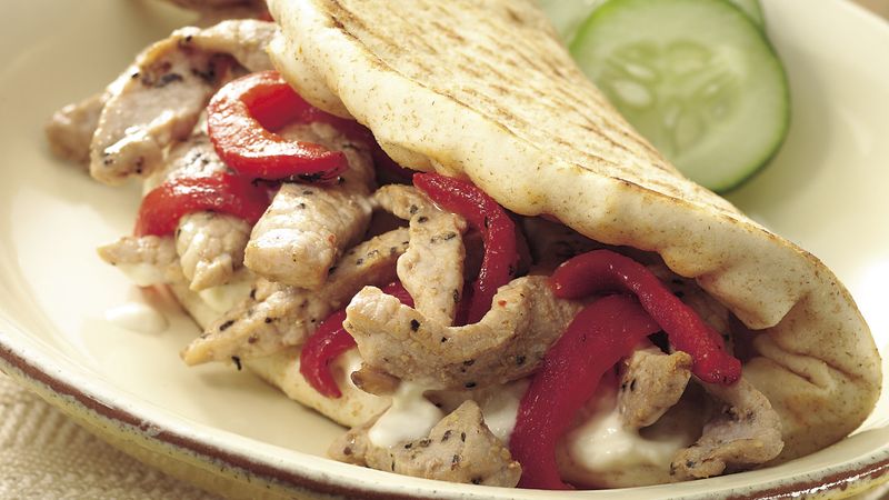Peppered Pork Pitas with Garlic Spread