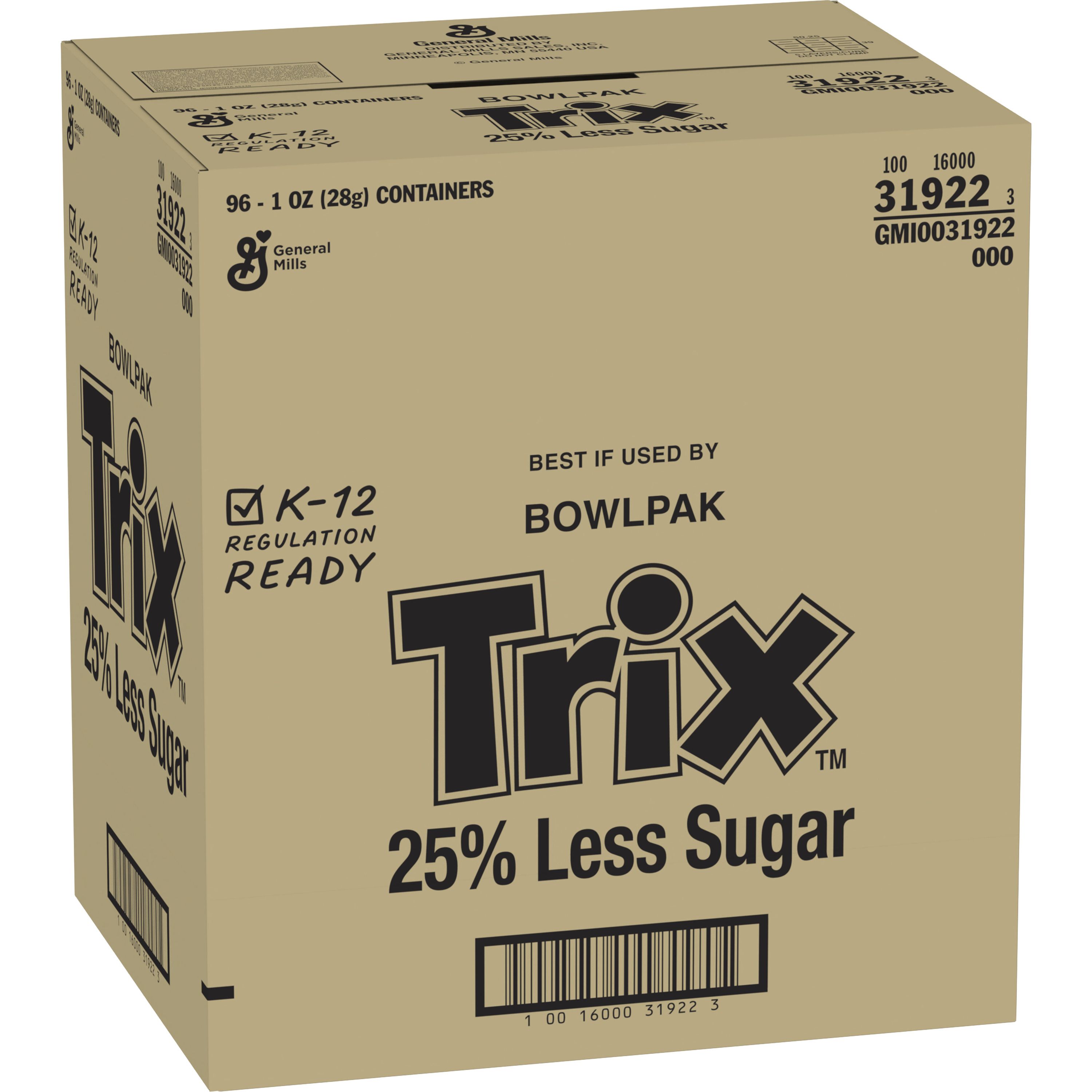 Case - Left Front 3D Trix Cereal Single Serve Bowlpak 25% Less Sugar 96/1 OZ