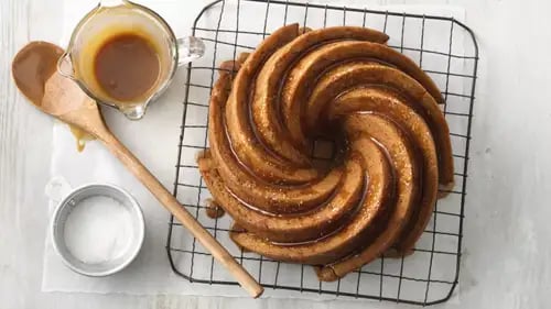 One-Bowl Caramelized Banana Bread Bundt Cake with Salted Caramel Glaze