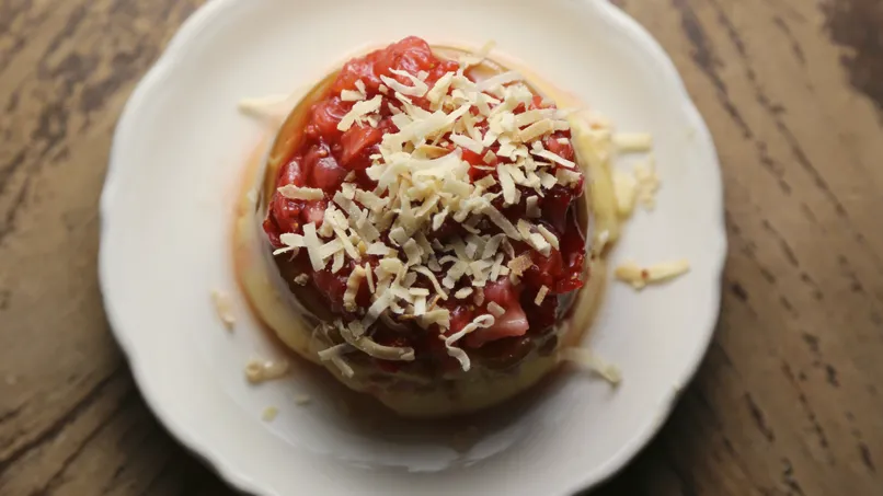 Coconut Flan with Strawberry Sauce