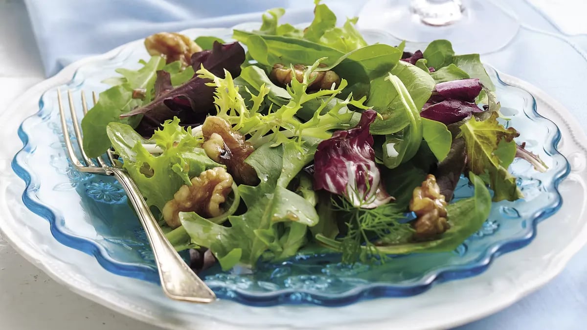 Mixed Greens Salad with Warm Walnut Dressing