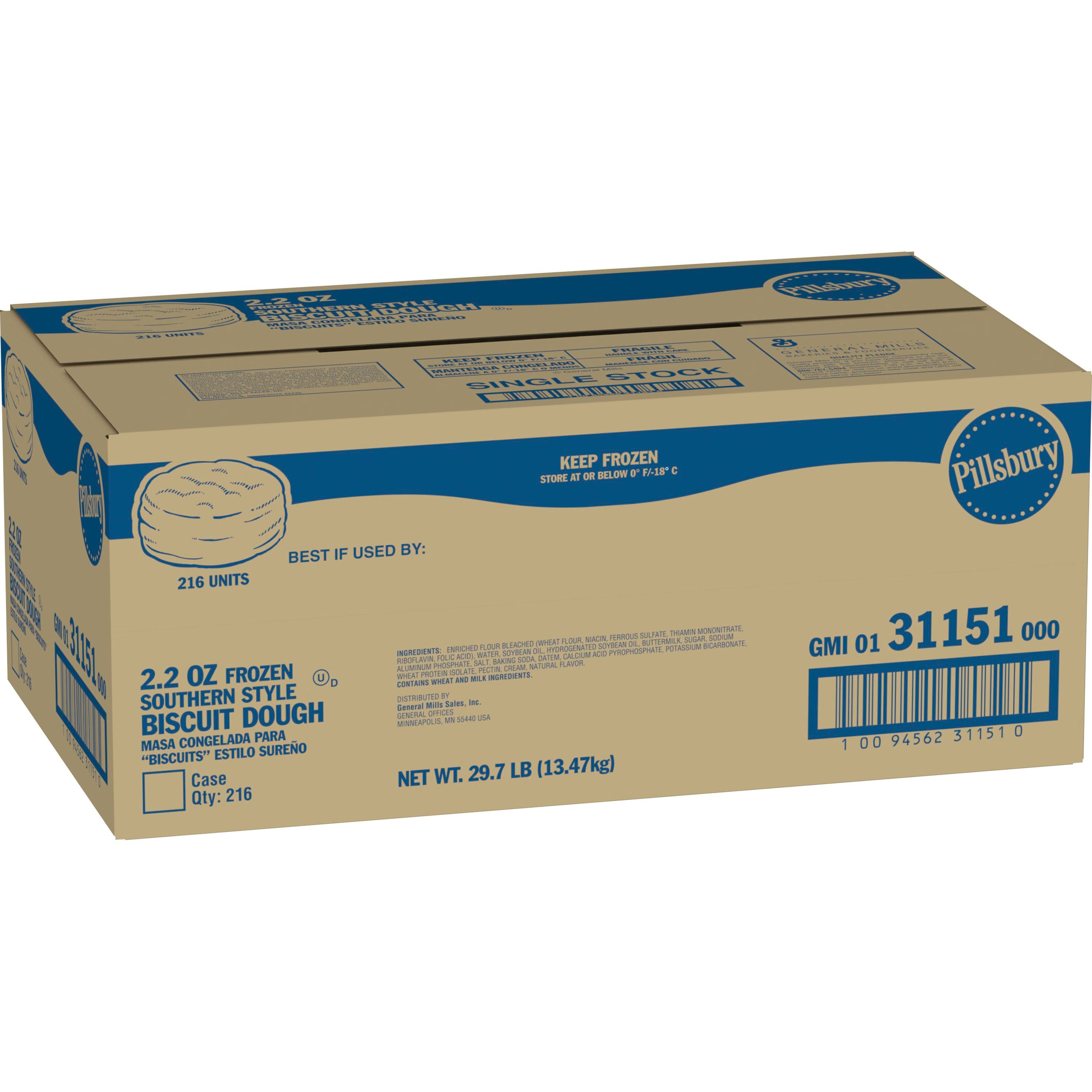 Case - Left Front 3D Pillsbury Frozen Biscuit Dough Bulk Reduced Sodium Southern Style (216 ct) 2.2 OZ