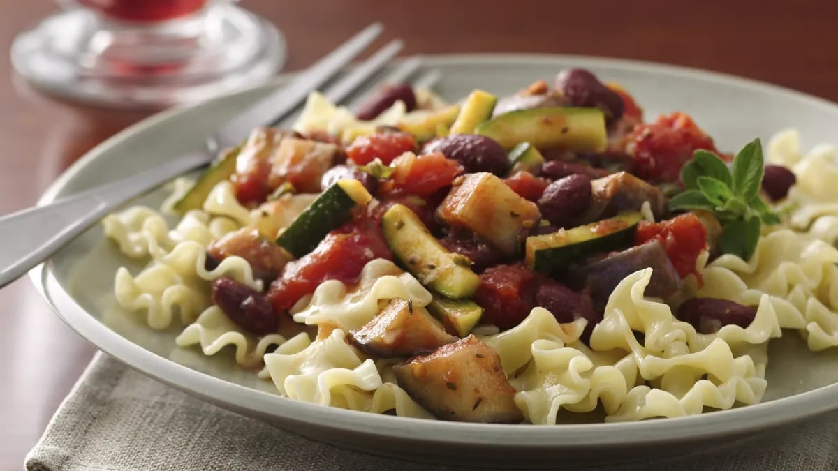 Eggplant and Zucchini with Pasta in a Greek Red Sauce