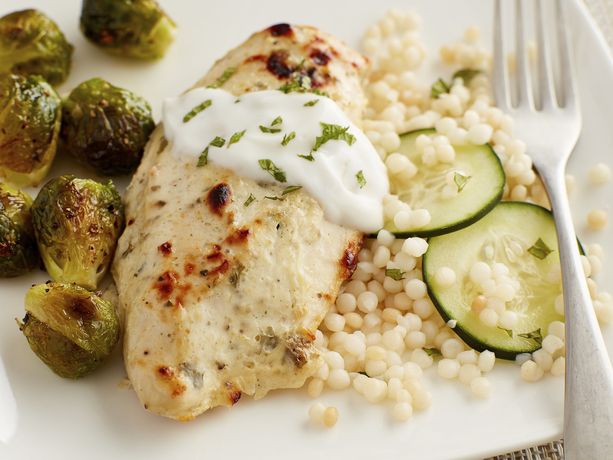 Baked Chicken with Israeli Couscous and Roasted Brussel Sprouts