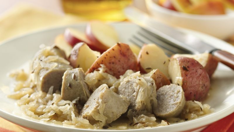 Turkey Brats with Potatoes and Sauerkraut
