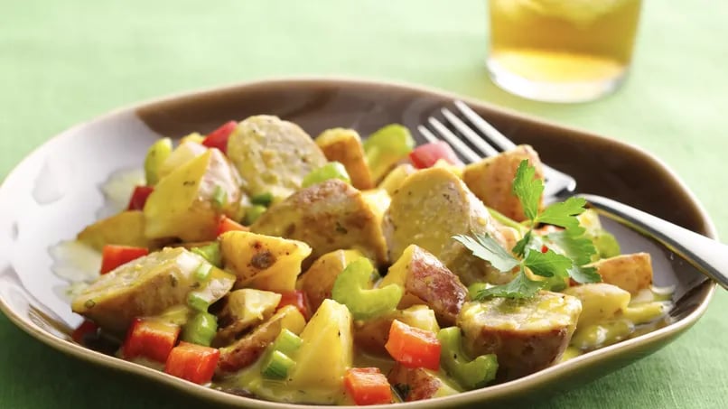 Warm Honey Mustard Potato Salad with Sausages